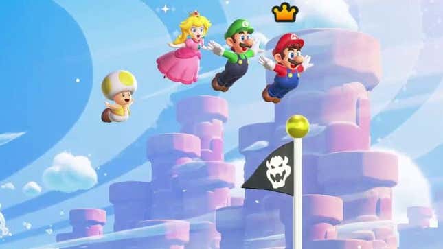 Mario, Luigi, Peach and Toad jump towards a castle flag. 